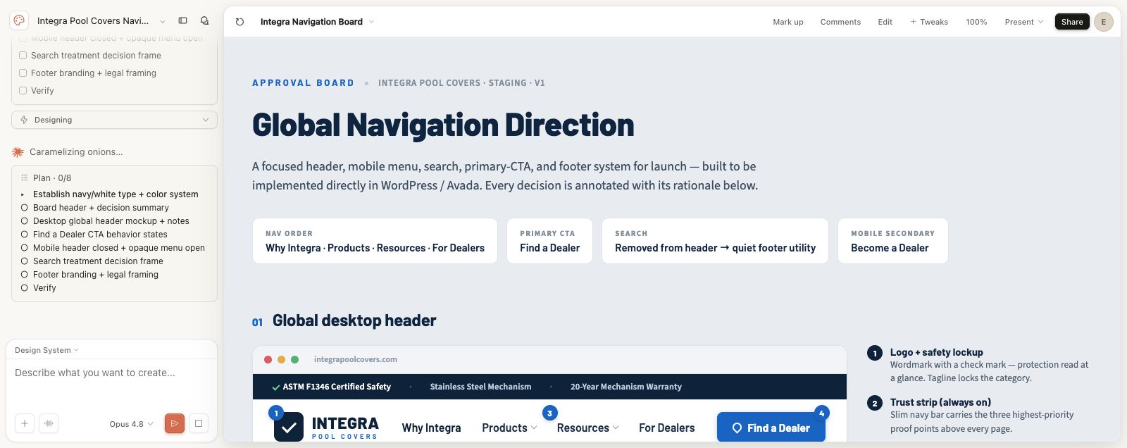 Claude Design global navigation approval board screenshot